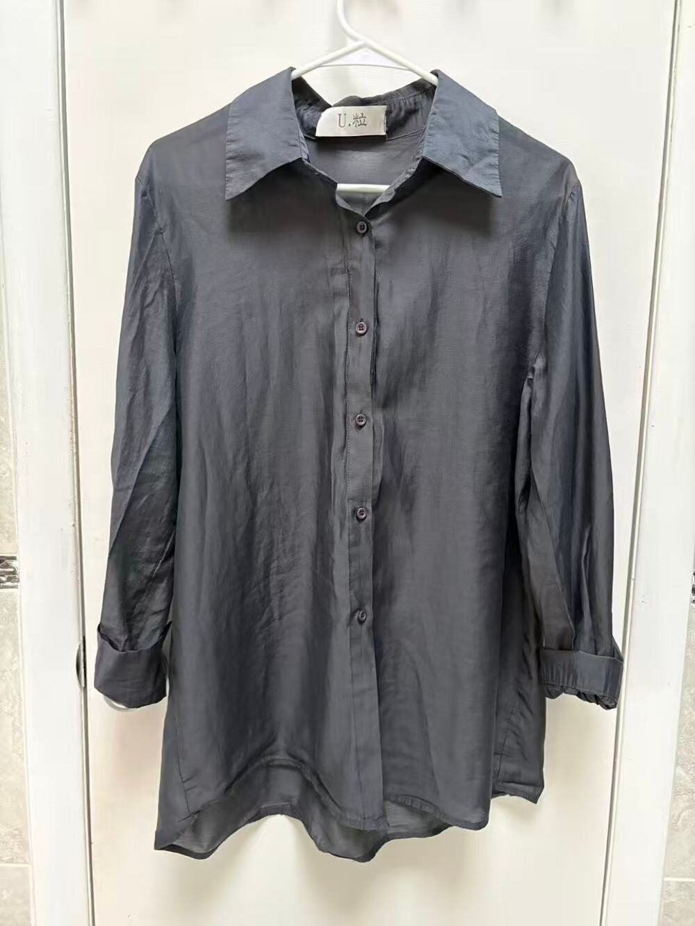 Women Charcoal Grey Long Sleeve Sheer Button Down Shirt Loose Oversized Blouse L